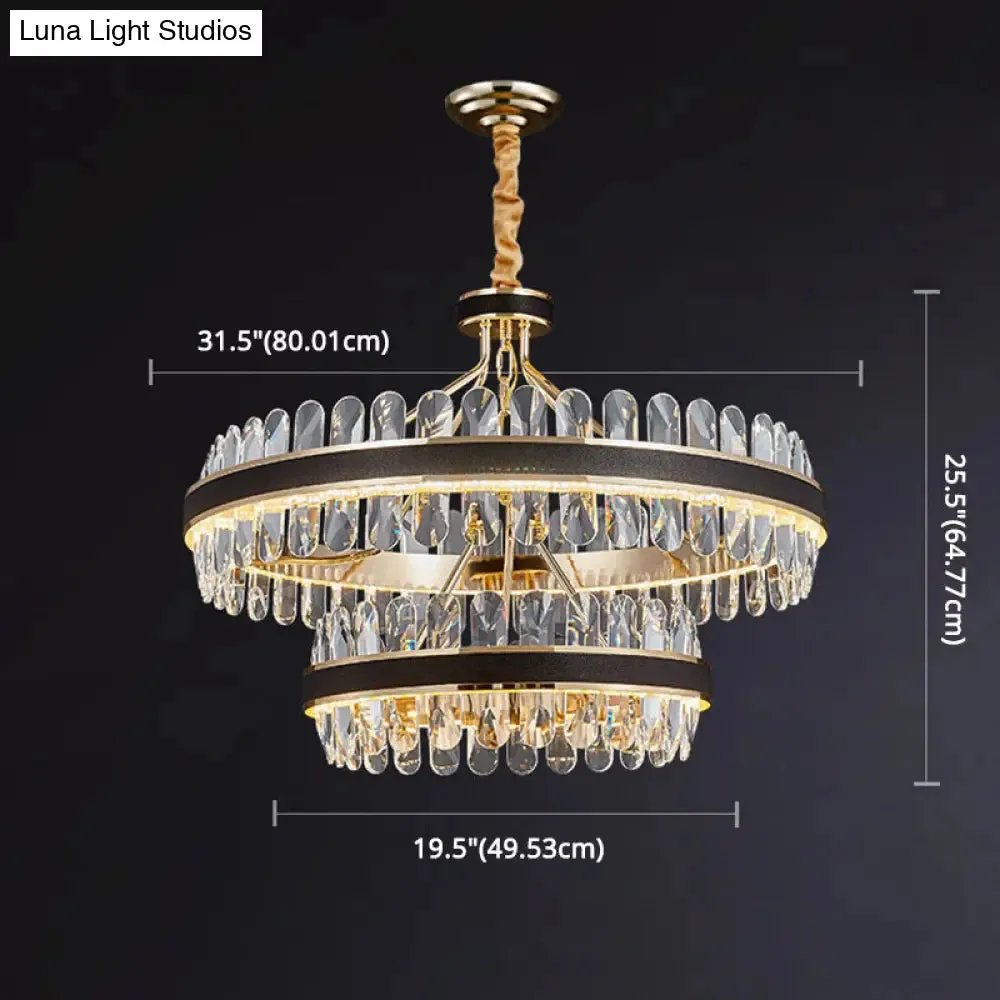 Minimalist Black-Gold LED Chandelier with Crystal Accents - Elegant Ceiling Pendant Light for Living Room