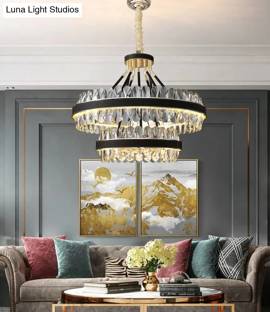 Minimalist Black-Gold LED Chandelier with Crystal Accents - Elegant Ceiling Pendant Light for Living Room