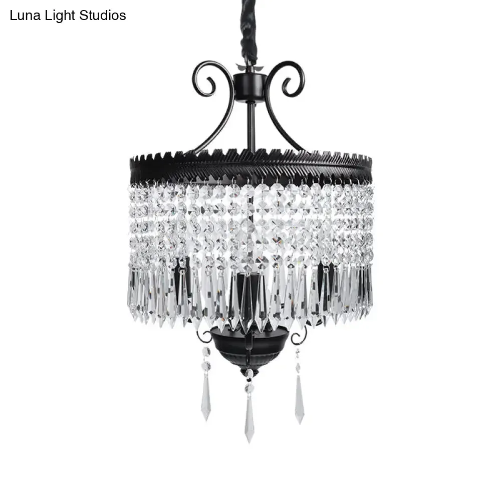 Modern Clear Crystal Beaded Pendant Light with Drum Shade - 3-Light Chandelier in Black