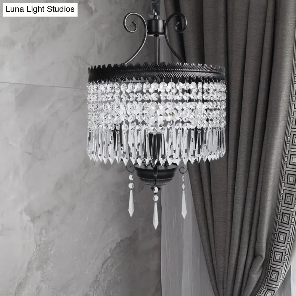 Modern Clear Crystal Beaded Pendant Light with Drum Shade - 3-Light Chandelier in Black