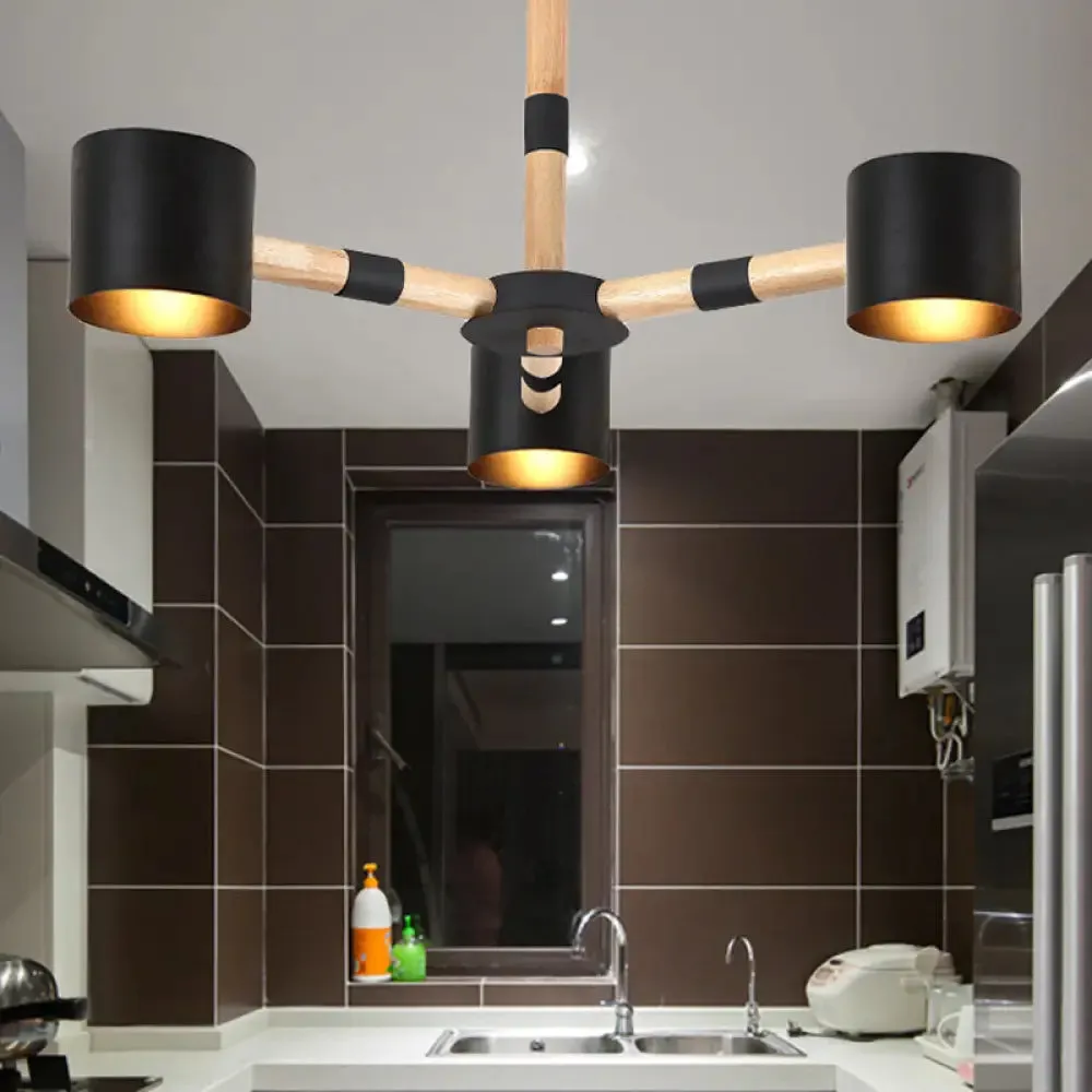 Nordic Modern Hanging Light - Cylinder Shade for Boys Bedroom Chandelier, Metal & Wood Design