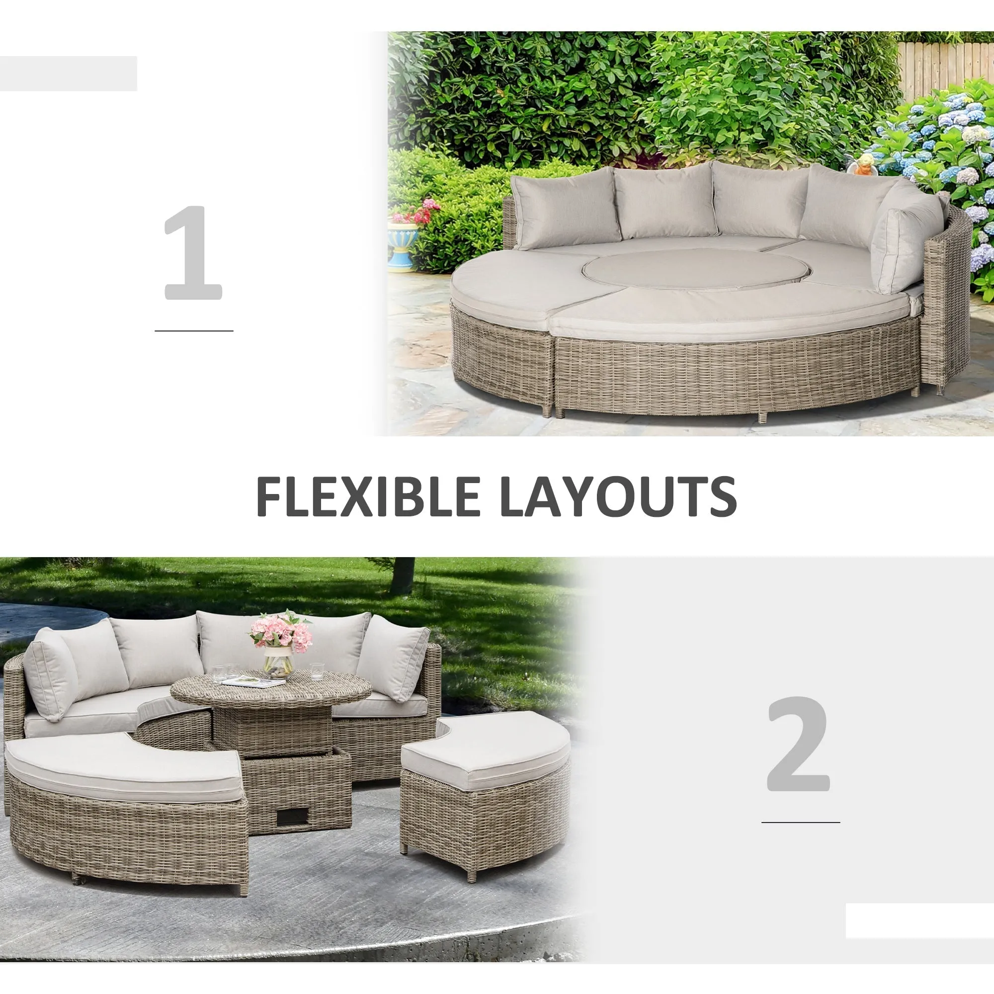 Outsunny 5 Pieces Outdoor PE Rattan Round Garden Daybed with Cushions