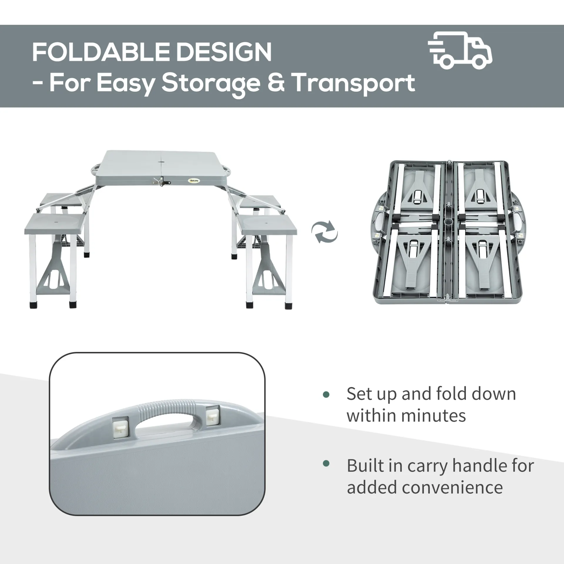 Outsunny Portable Foldable Camping Picnic Table with Seats, Chairs, and Umbrella Hole - Grey