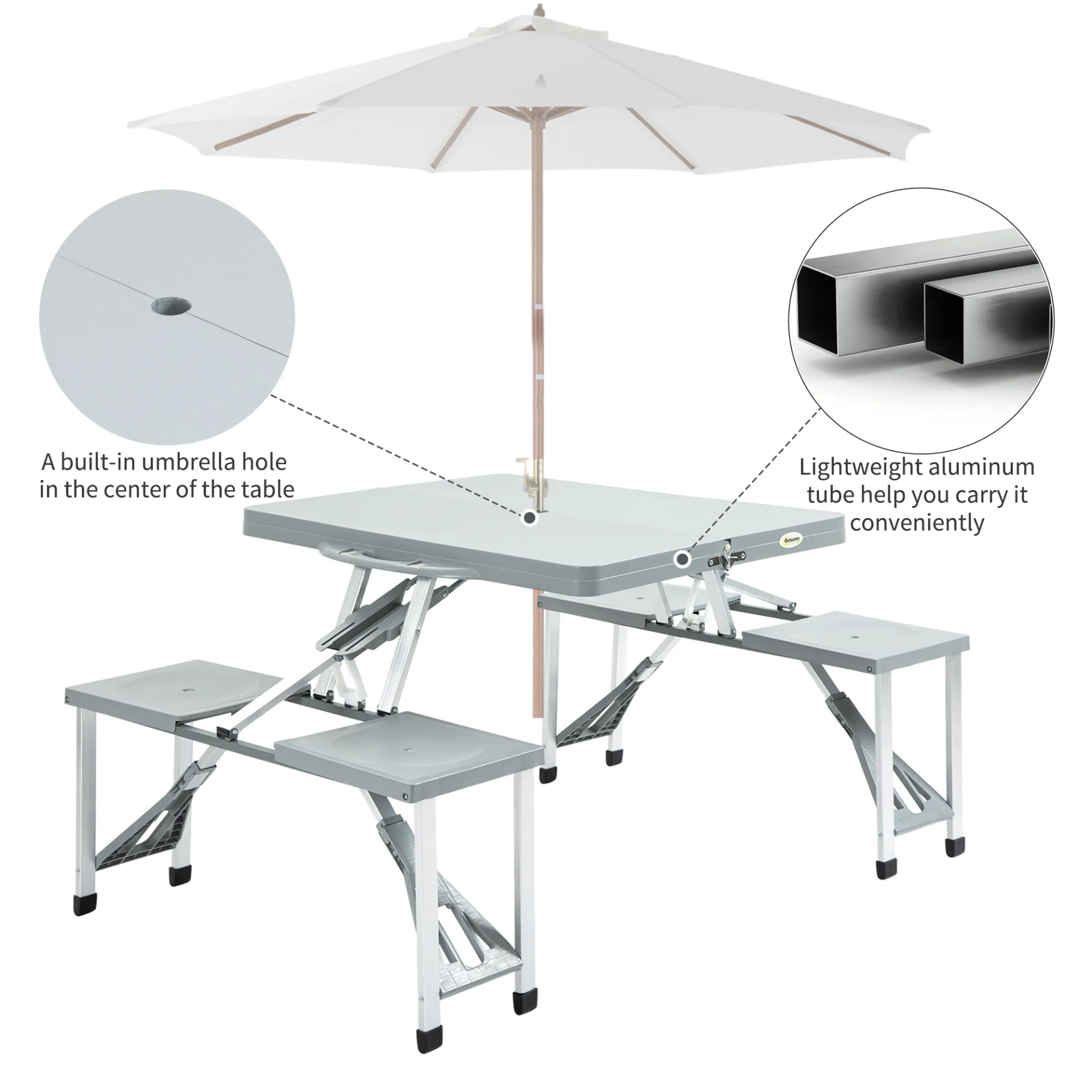 Outsunny Portable Foldable Camping Picnic Table with Seats, Chairs, and Umbrella Hole - Grey