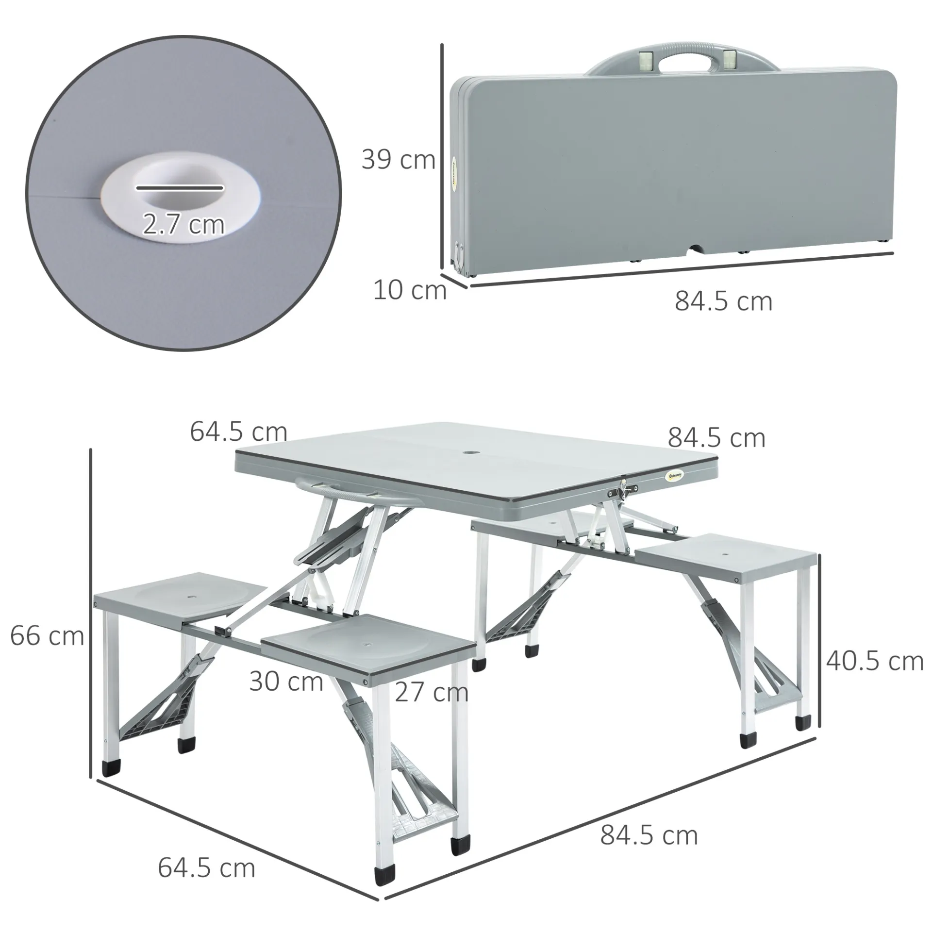 Outsunny Portable Foldable Camping Picnic Table with Seats, Chairs, and Umbrella Hole - Grey