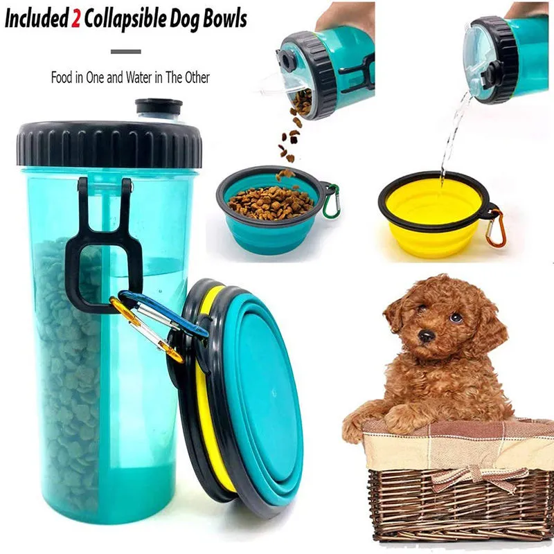 Portable Dog Water Bottle, Dog Feed Compartment, 2 Collapsible Silicone Feed Bowls, good for Outdoor Activities, 500ML