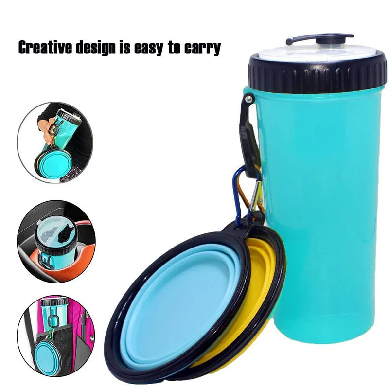 Portable Dog Water Bottle, Dog Feed Compartment, 2 Collapsible Silicone Feed Bowls, good for Outdoor Activities, 500ML