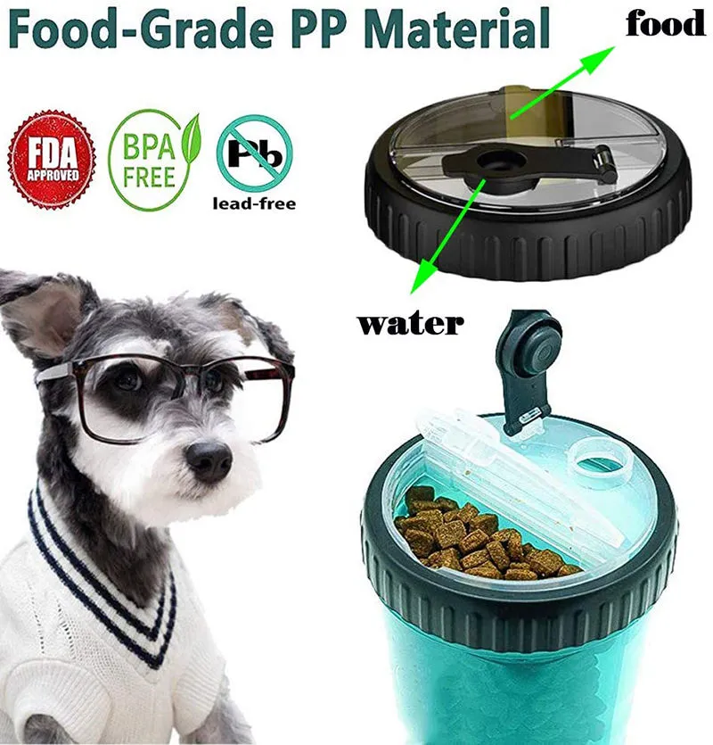 Portable Dog Water Bottle, Dog Feed Compartment, 2 Collapsible Silicone Feed Bowls, good for Outdoor Activities, 500ML