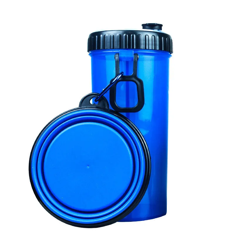 Portable Dog Water Bottle, Dog Feed Compartment, 2 Collapsible Silicone Feed Bowls, good for Outdoor Activities, 500ML