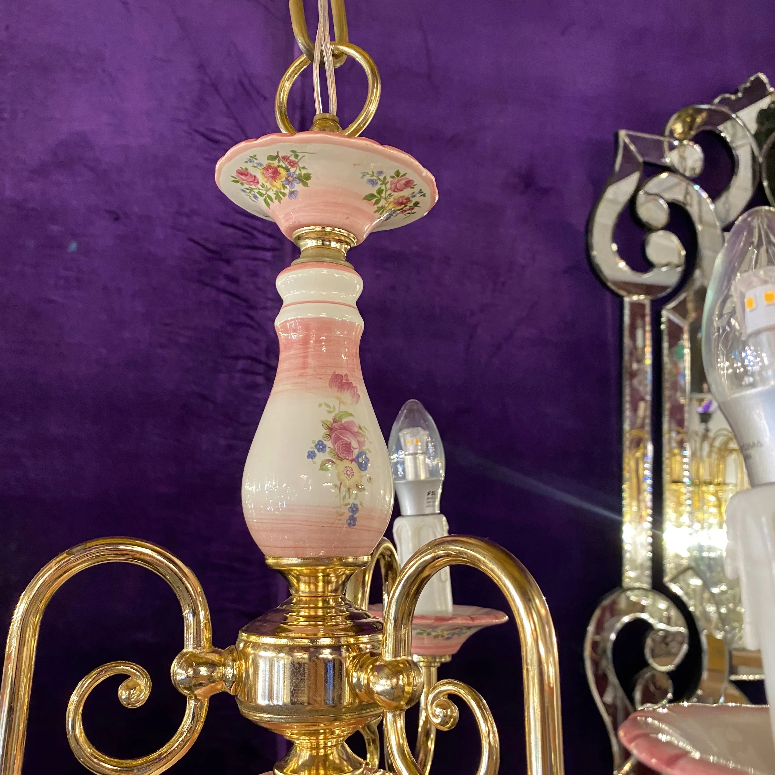 Pretty Pink Delft Brass Chandelier