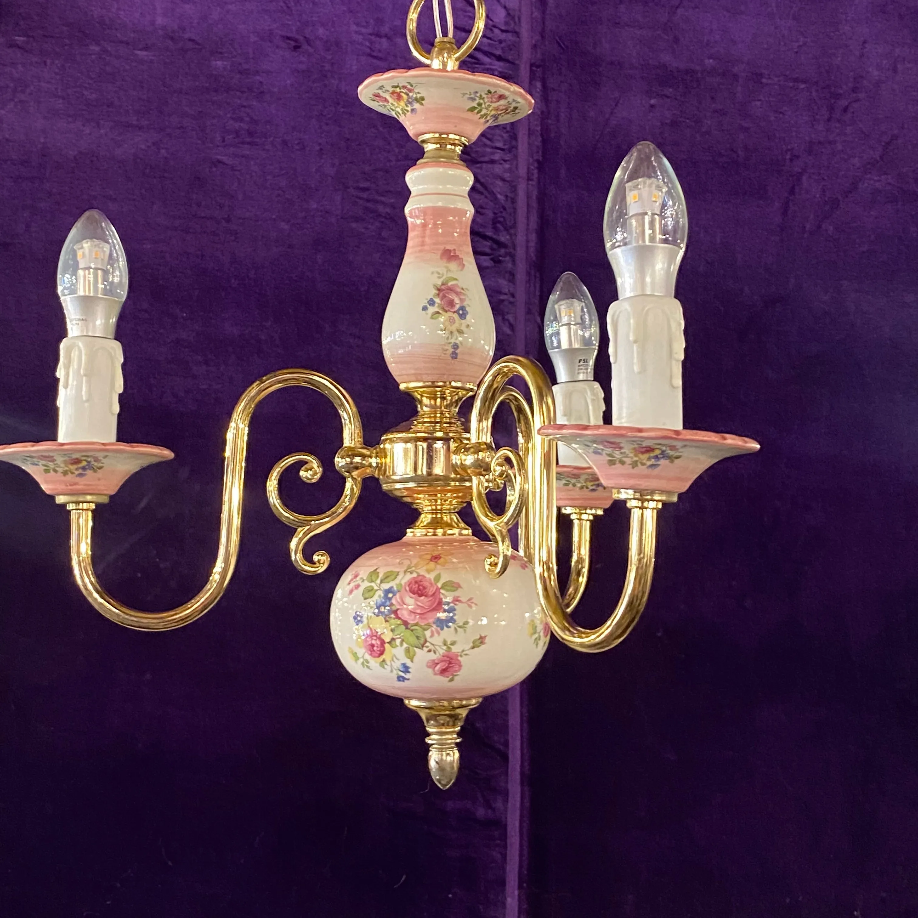 Pretty Pink Delft Brass Chandelier