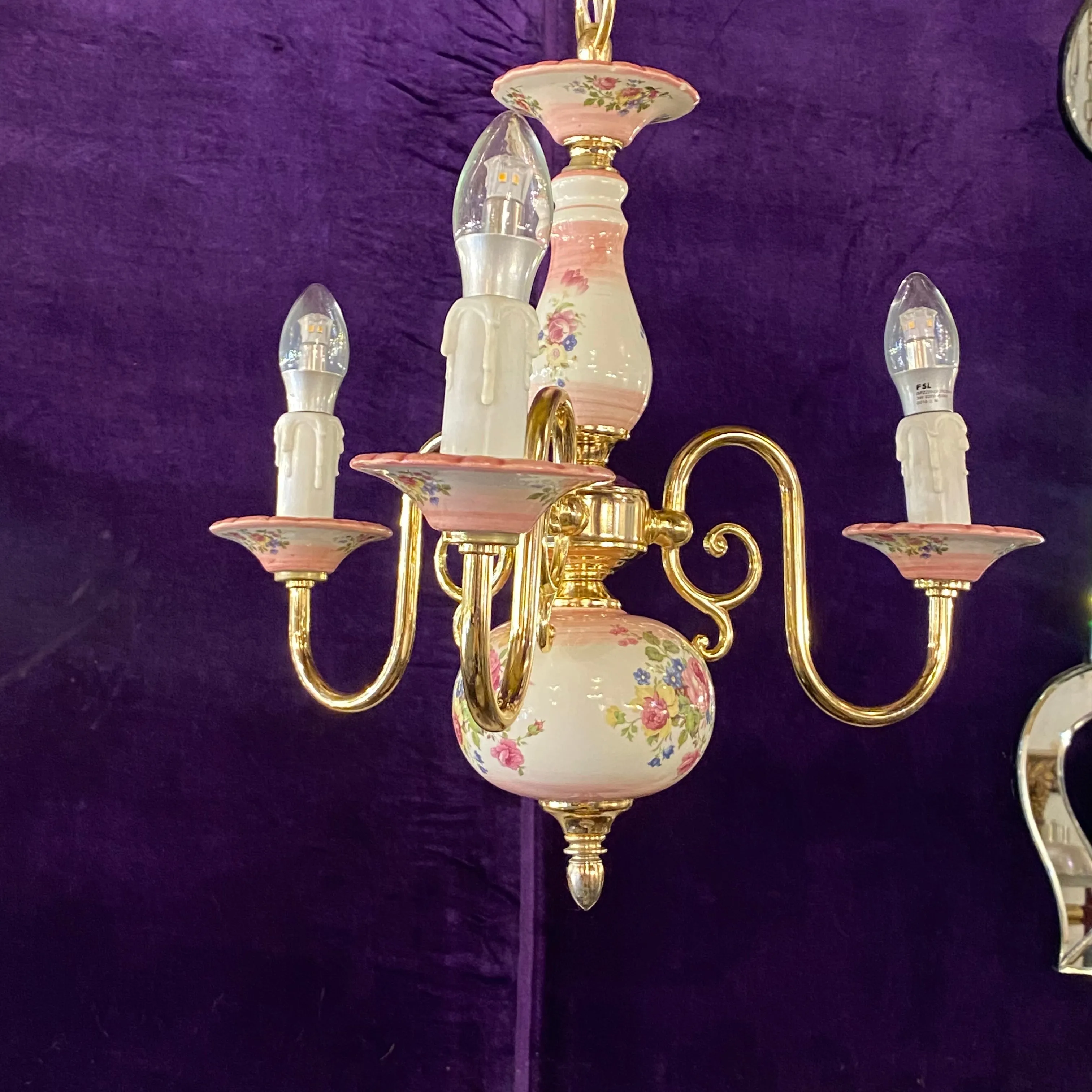 Pretty Pink Delft Brass Chandelier