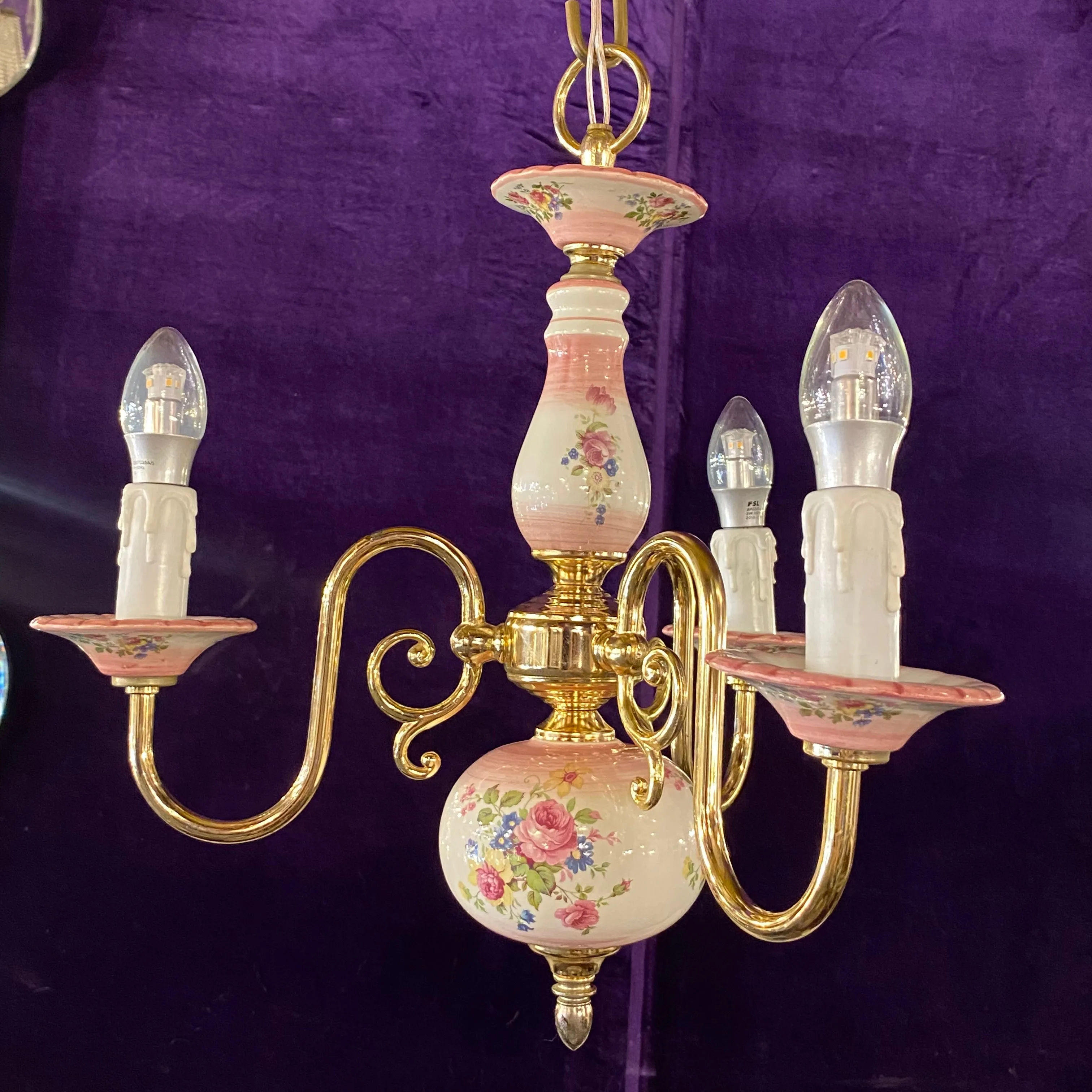 Pretty Pink Delft Brass Chandelier