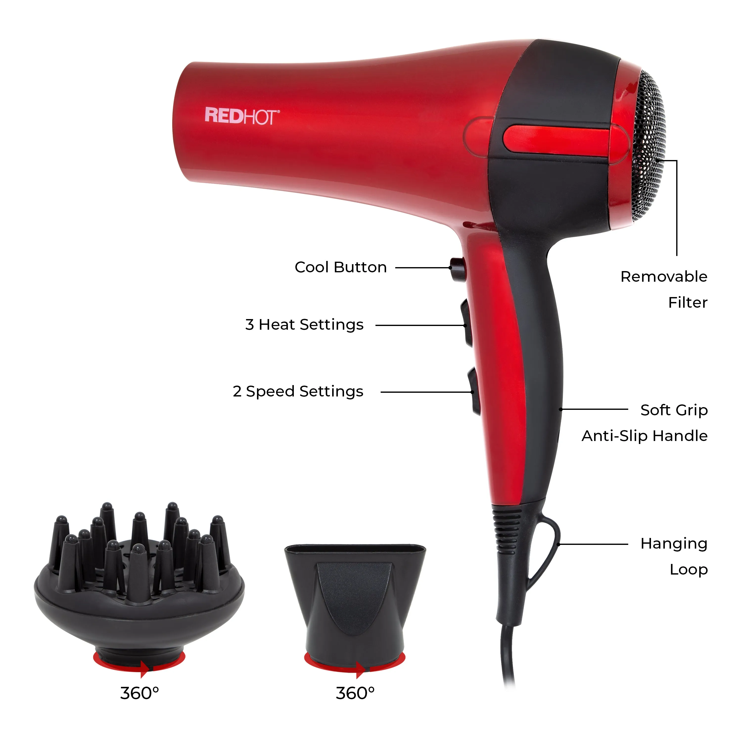 Red Hot 2200W Professional Hair Dryer With Diffuser - Red