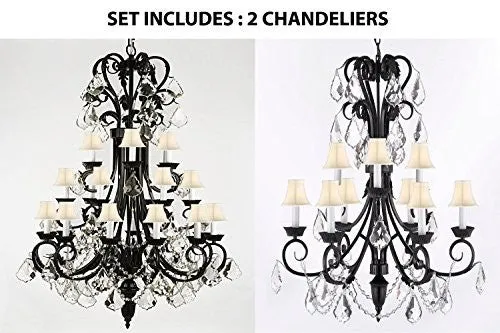 Set Of 2 - 1-Wrought Iron Chandelier 50" Inches Tall With Crystal And Entryway Chandelier 30" Inches Tall With ShadesTrimmed With Spectra (Tm) Crystal - Reliable Crystal Quality By Swarovski - 1Ea-B12/Sc/724/24Sw 1Ea-Sc/B12/724/6 3Sw