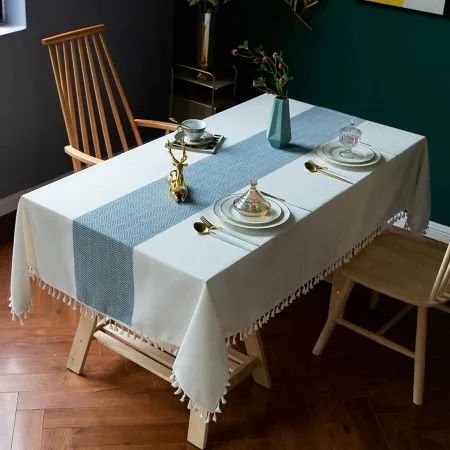 Sicilia : Anti Skid & Water resistant Linen textured table cloth for dining table, table cover for center table  -Mid Blue