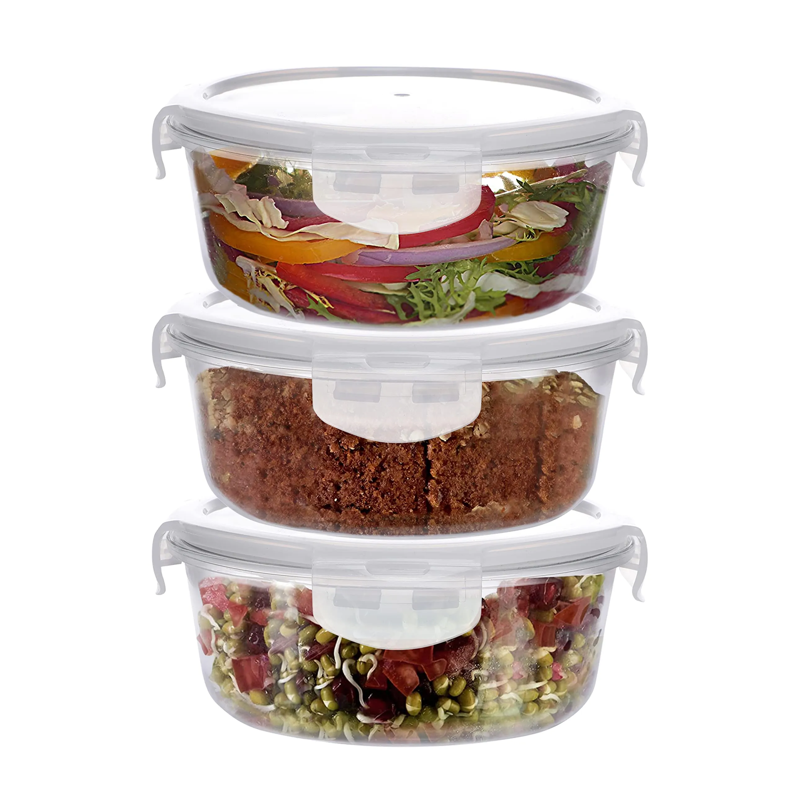 SIMPARTE Borosilicate Safe Lock Round Glass Food Container with Lock Lid for Microwave Safe & Oven Safe, Air tight Leakproof Lunch, TIffin Box - 400ml (Set of 3)