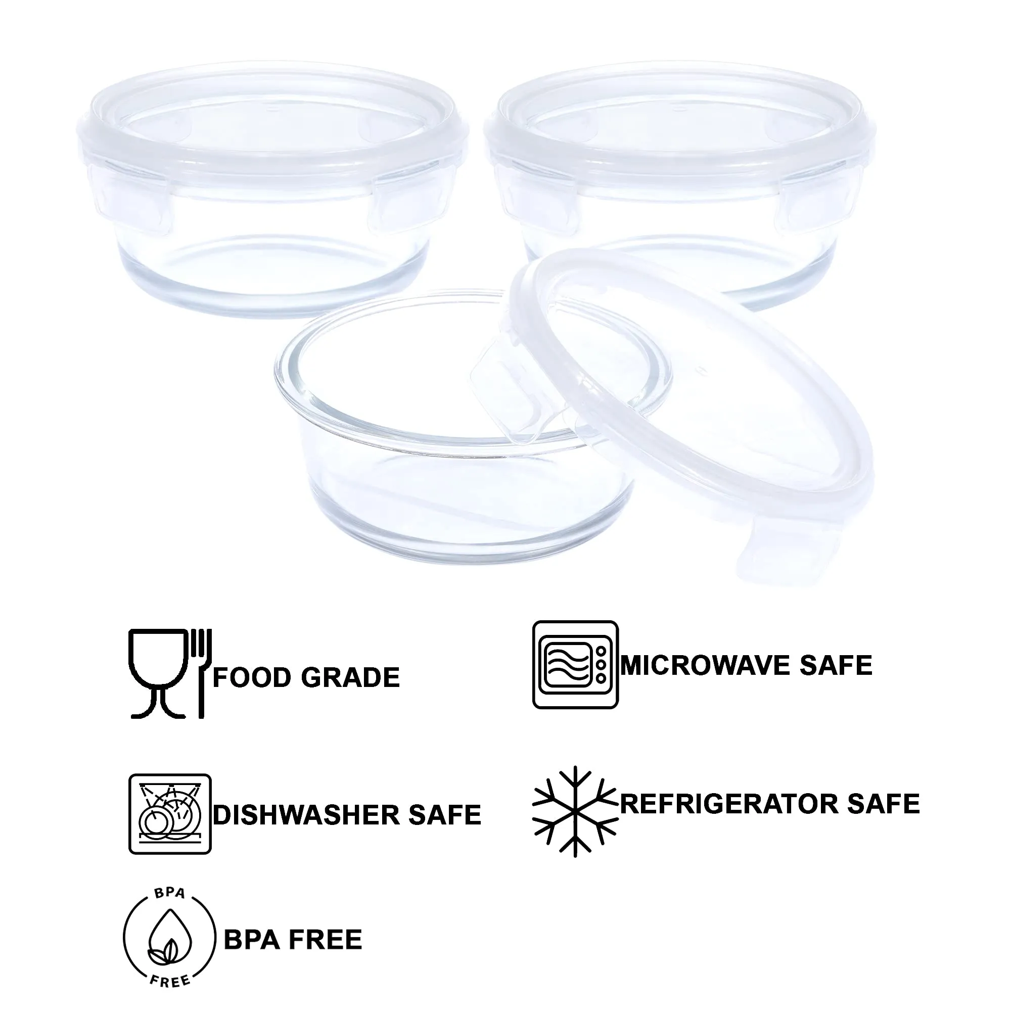 SIMPARTE Borosilicate Safe Lock Round Glass Food Container with Lock Lid for Microwave Safe & Oven Safe, Air tight Leakproof Lunch, TIffin Box - 400ml (Set of 3)