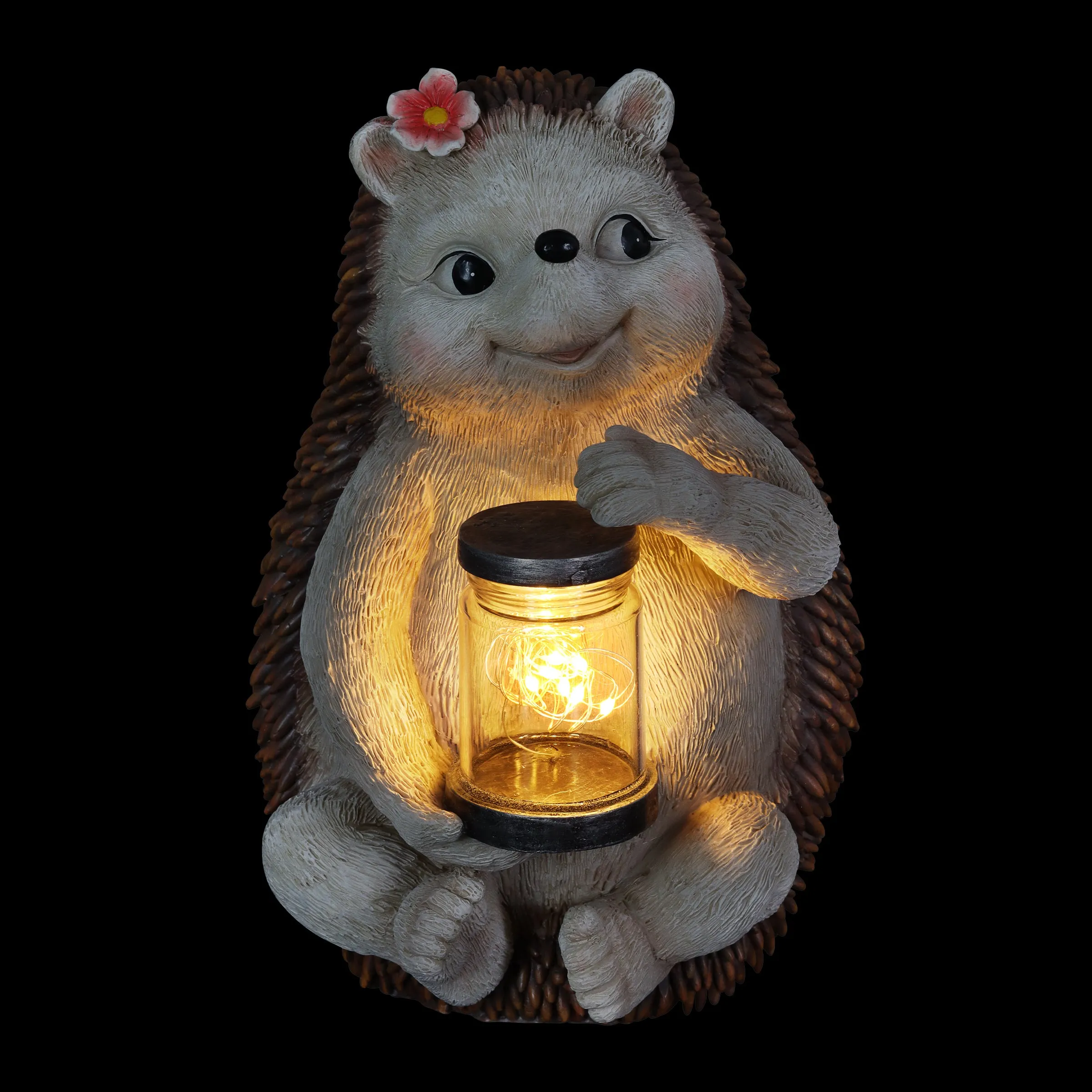 Solar Hedgehog Garden Statuary with LED Firefly Jar, 10 Inches tall