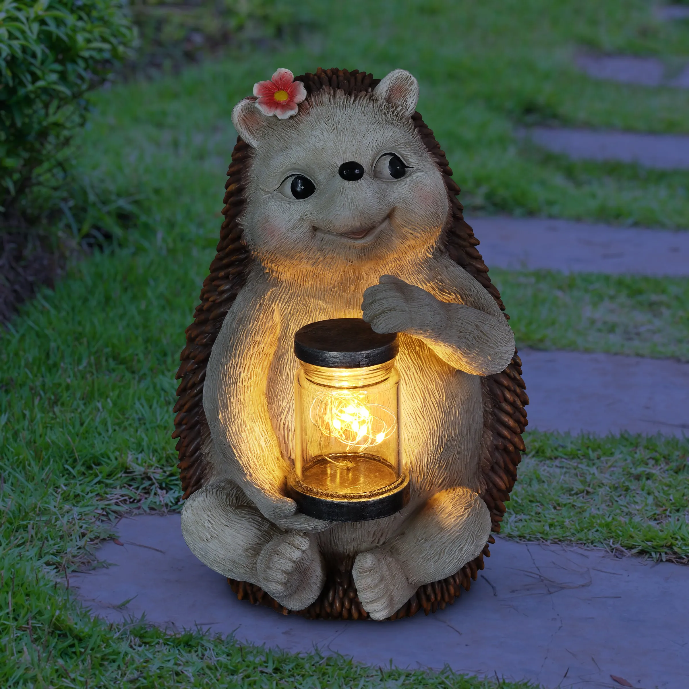 Solar Hedgehog Garden Statuary with LED Firefly Jar, 10 Inches tall