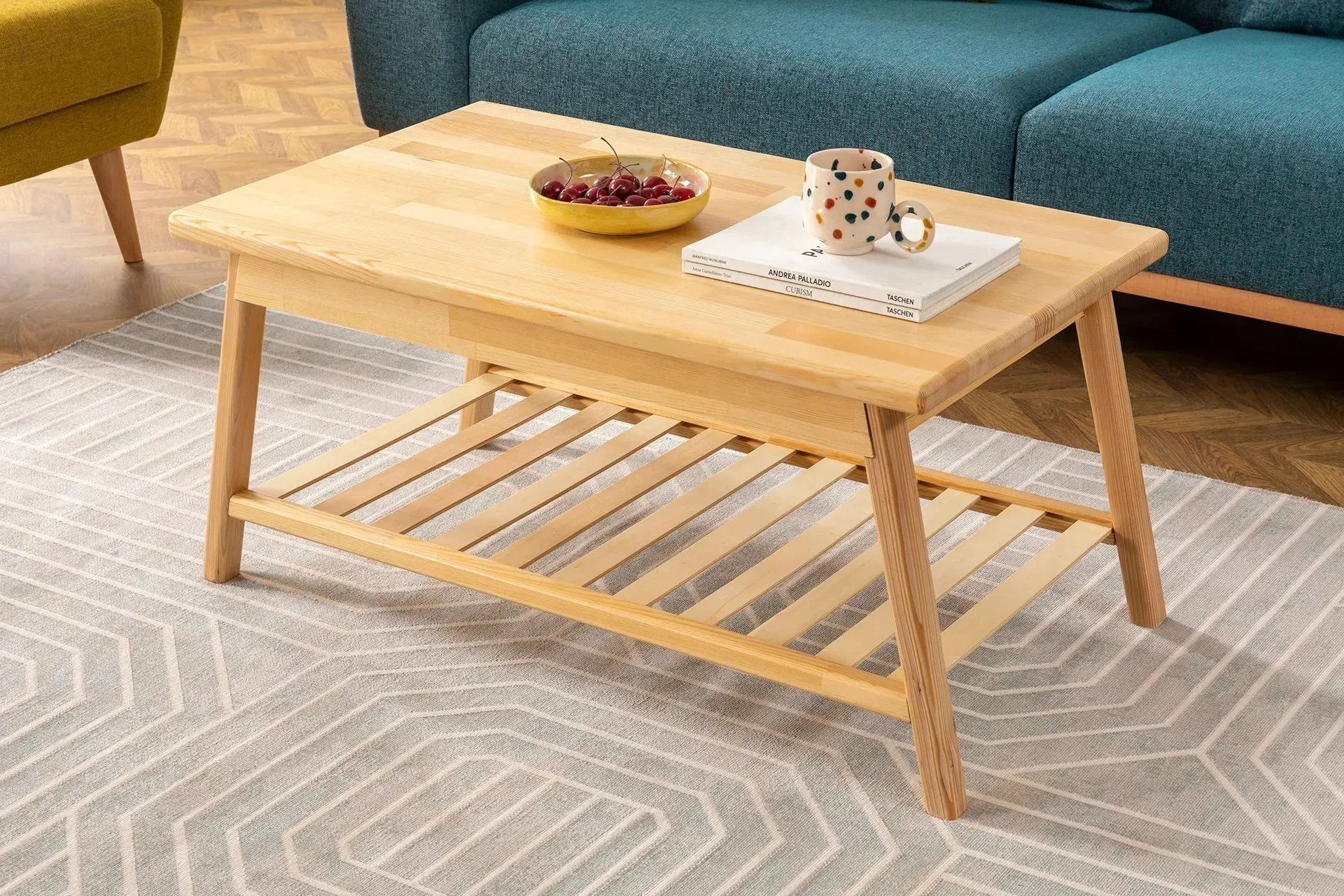 Solid Pine Wood Handmade Coffee Table with Storage Shelf Ayla