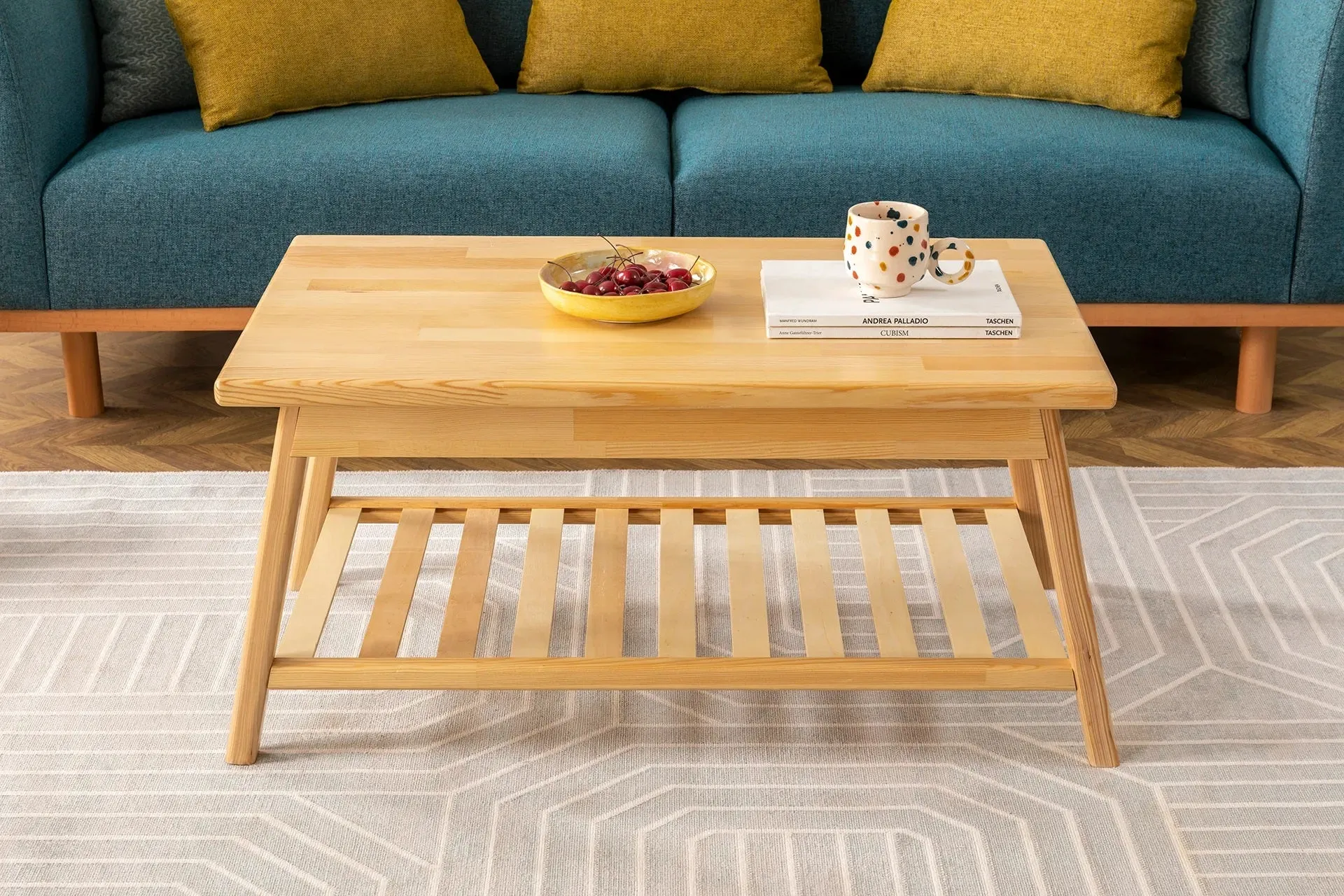 Solid Pine Wood Handmade Coffee Table with Storage Shelf Ayla