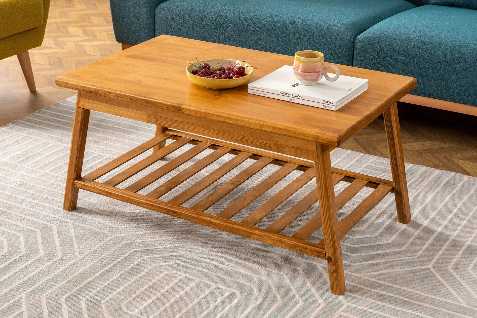 Solid Pine Wood Handmade Coffee Table with Storage Shelf Ayla