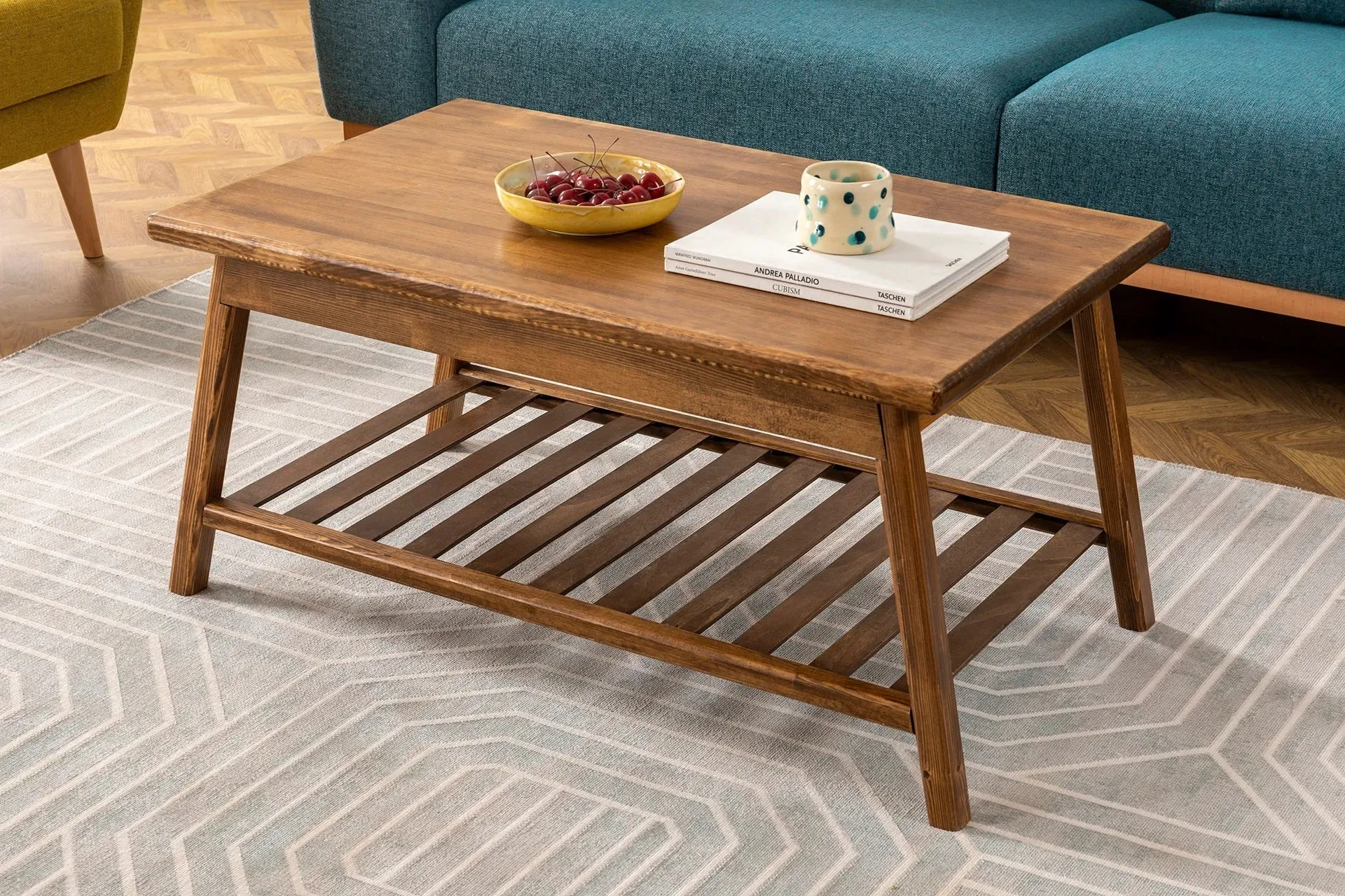 Solid Pine Wood Handmade Coffee Table with Storage Shelf Ayla