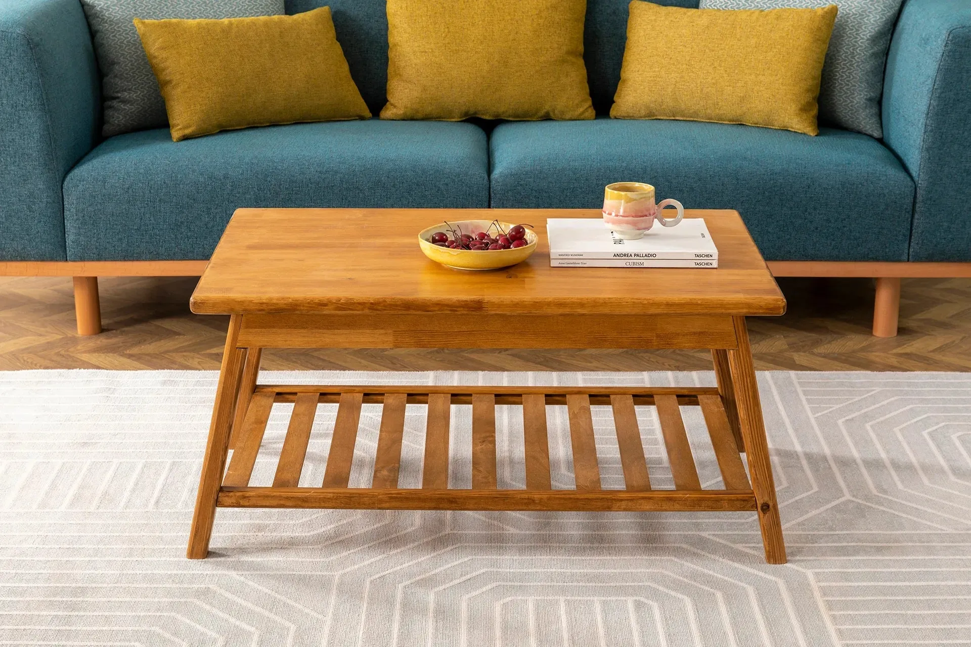 Solid Pine Wood Handmade Coffee Table with Storage Shelf Ayla