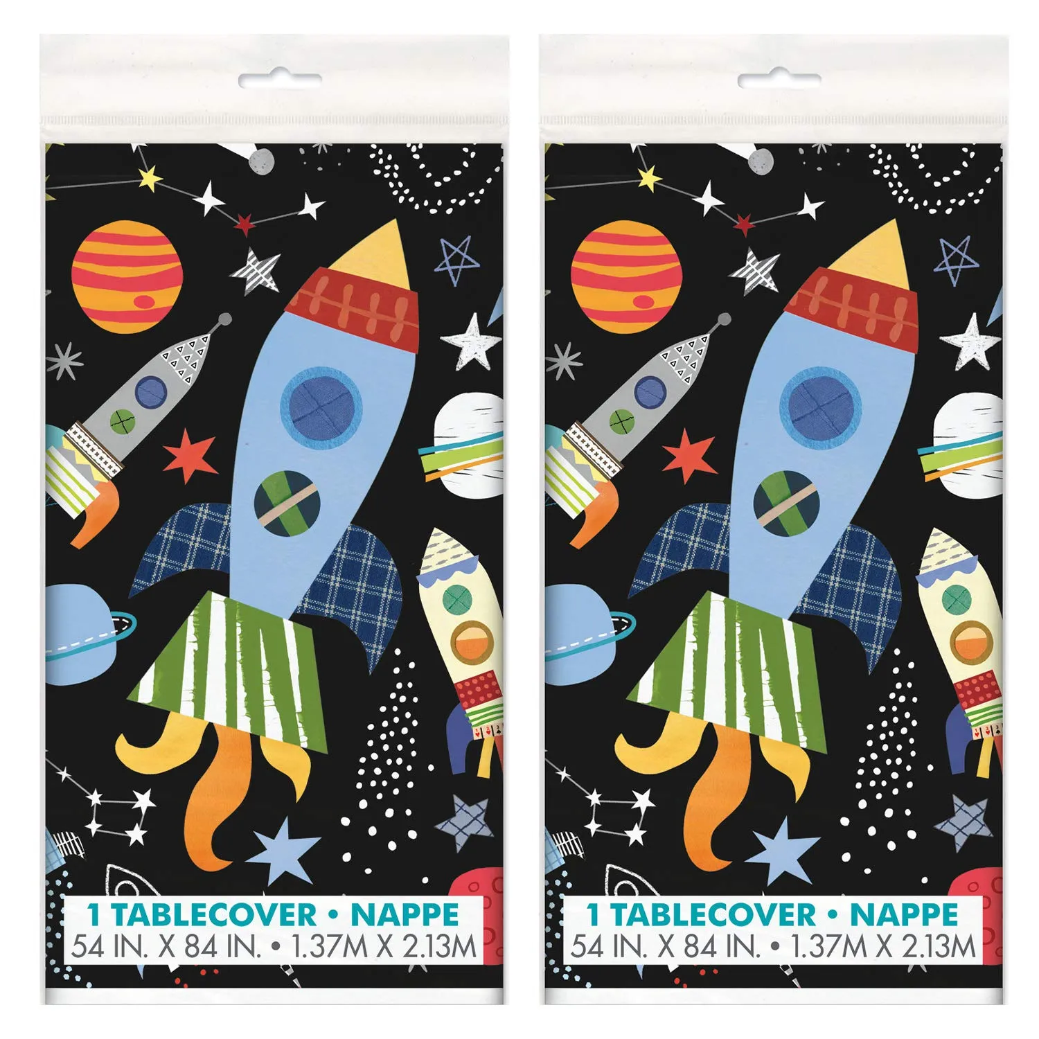 Space and Galaxy Party Supplies and Decorations (Space Shuttle Rockets and Planets Plastic Table Cover, 54" x 84" (2 Pack))