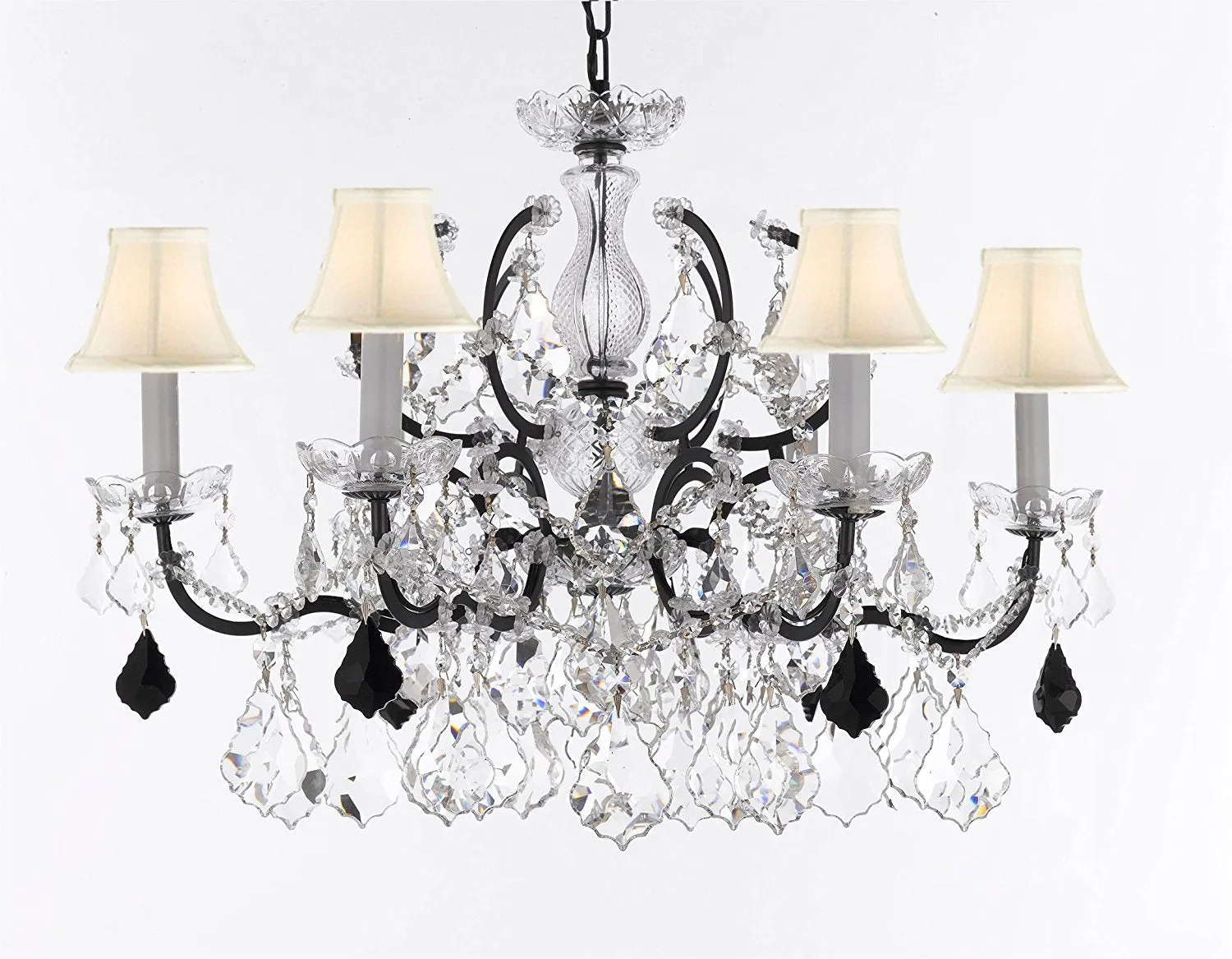 Swarovski Crystal Trimmed Chandelier 19th C. Baroque Iron & Crystal Lighting- Dressed with Jet Black Crystals Great for Kitchens, Bathrooms, Closets, & Dining Rooms H 25" x W 26" w/White Shades - G83-B97/WHITESHADES/994/6SW