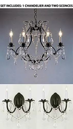 Three Piece Lighting Set - Wrought Iron Crystal Chandelier Lighting H19" X W20" And 2 Wall Sconces - 1Ea 3030/6   2Ea 2/3034/Wallsconce