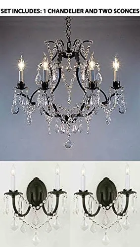 Three Piece Lighting Set - Wrought Iron Crystal Chandelier Lighting H19" X W20" And 2 Wall Sconces - 1Ea 3030/6   2Ea 2/3034/Wallsconce