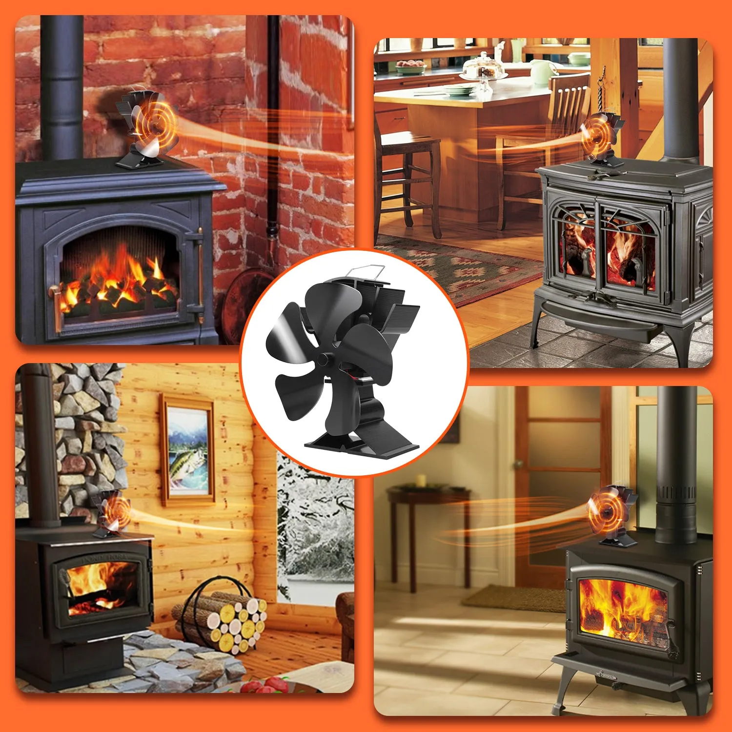 VODA Heat Howered 5 Blades Wood Stove Fan