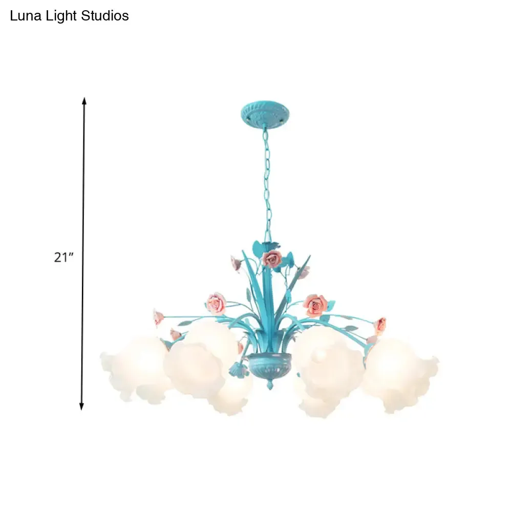 White Glass Chandelier Light - Floral Countryside 8 Bulbs Pendant Lamp for Living Room in Blue