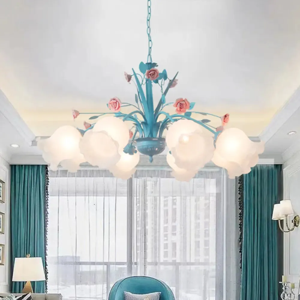 White Glass Chandelier Light - Floral Countryside 8 Bulbs Pendant Lamp for Living Room in Blue