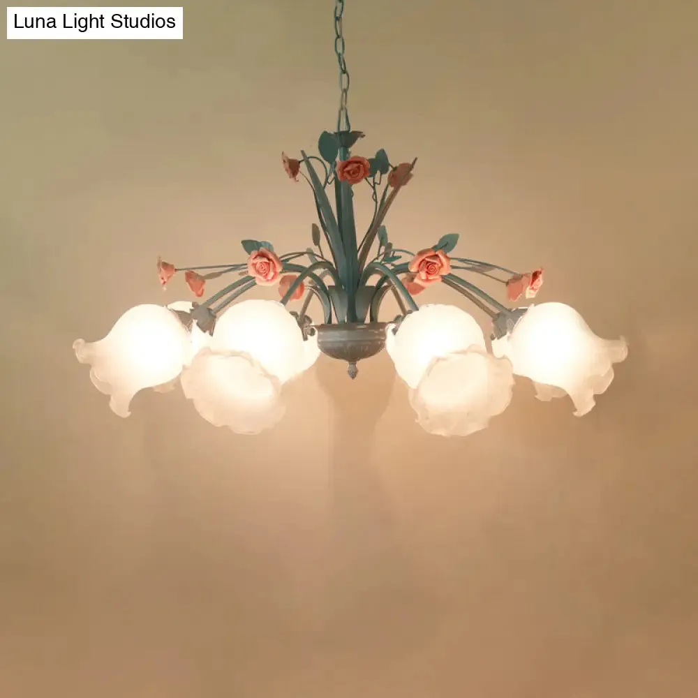 White Glass Chandelier Light - Floral Countryside 8 Bulbs Pendant Lamp for Living Room in Blue